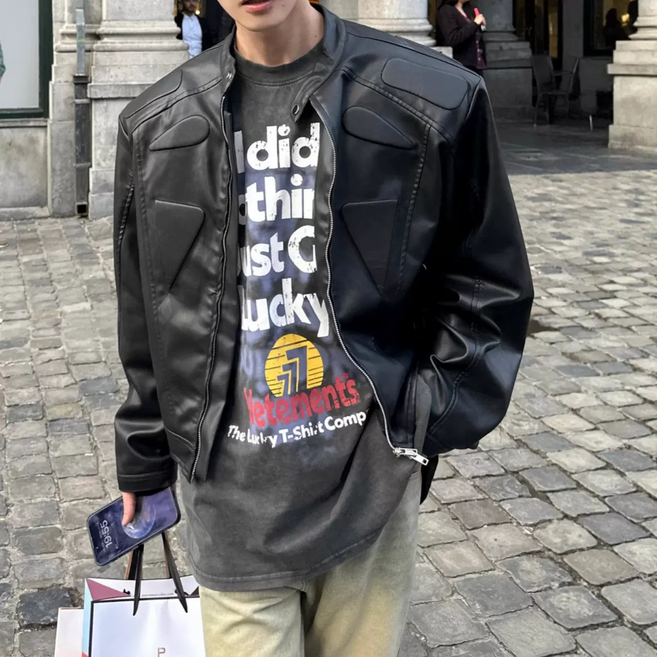 美式小众结构设计时尚感炸街机车皮衣夹克男款春秋季宽松垫肩外套