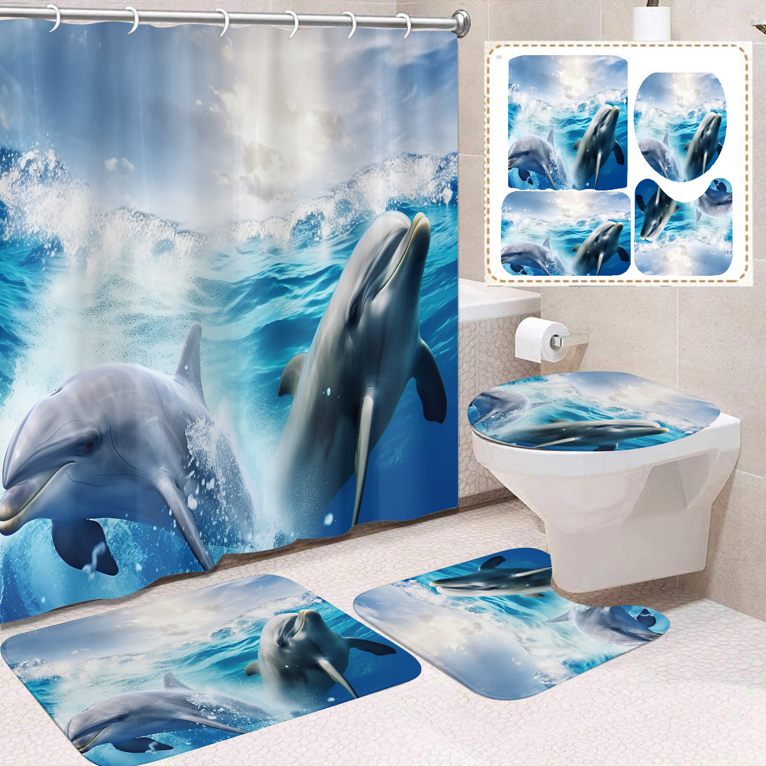 Cortina de ducha transfronteriza con diseño de delfines azules, estampada digitalmente, de poliéster, sin perforaciones, para baño, decoración del hogar image 47