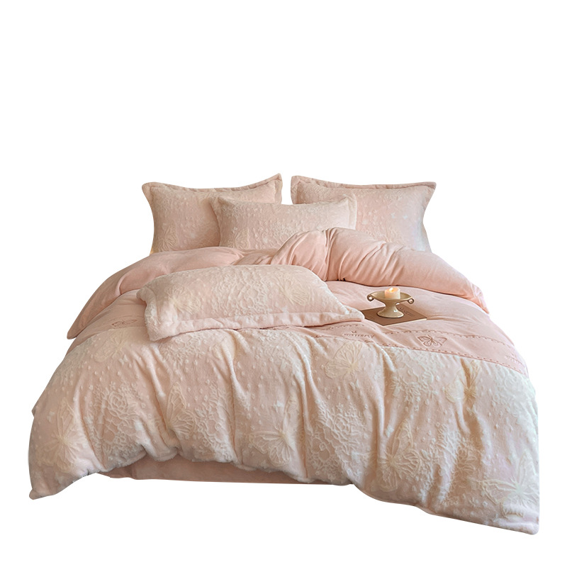 軽くて豪華なウサギのぬいぐるみのベッドの上の4つのセットの冬の保温の牛乳の絨毛のシーツの布団の両面のフランジサンゴの絨毛のベッドの用品