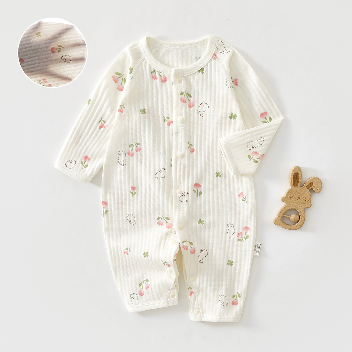 Newborn Baby's Summer Pure Cotton Jaysuit Female Baby's Long-sleeved Thin Hare Clothes Air-conditioning Clothes Pajamas Climbing Clothes Summer