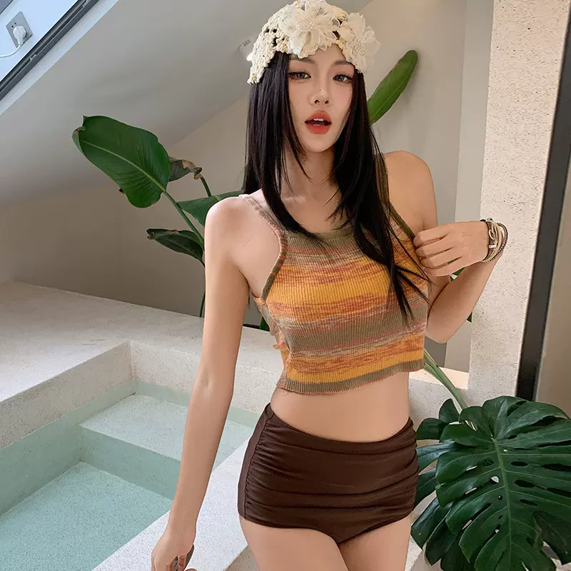 彩虹美式吊带女夏季新款条纹百搭背心美背比基尼分体游泳衣