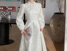 春季大码新中式女装白色立领收腰裙子复古国风改良旗袍连衣裙