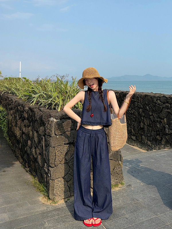 Vintage Slimming Short Lace-up Denim Vest Wide-leg Trousers 2025 Summer New Fashion suit Women's Trendy