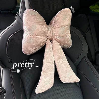 2026 New Chinese Style Sakura Pink Satin Bow Car Neck Pillow with Ribbon for Girls Car Lumbar Support Pillow (Waist support) - new-chinese-style-headrest-1-pink