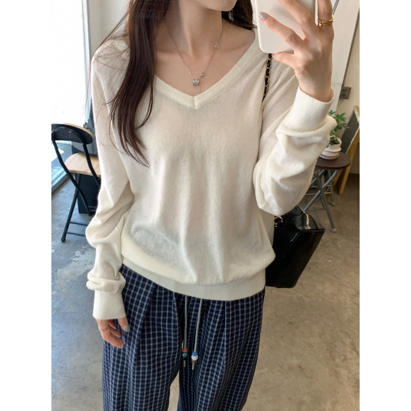 现货蓝色V领韩系慵懒风穿搭长袖羊毛针织衫女早秋通勤新款上衣