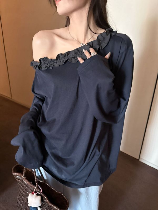 【工厂直销】雪花麻感拼接慵懒随性花边露肩木耳边斜领长袖T恤女|undefined