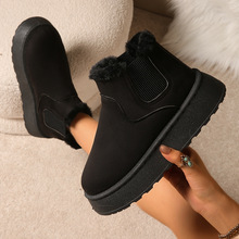 雪地靴女冬保暖44大码棉鞋2025新款纯色松紧口厚底车缝线短筒棉靴