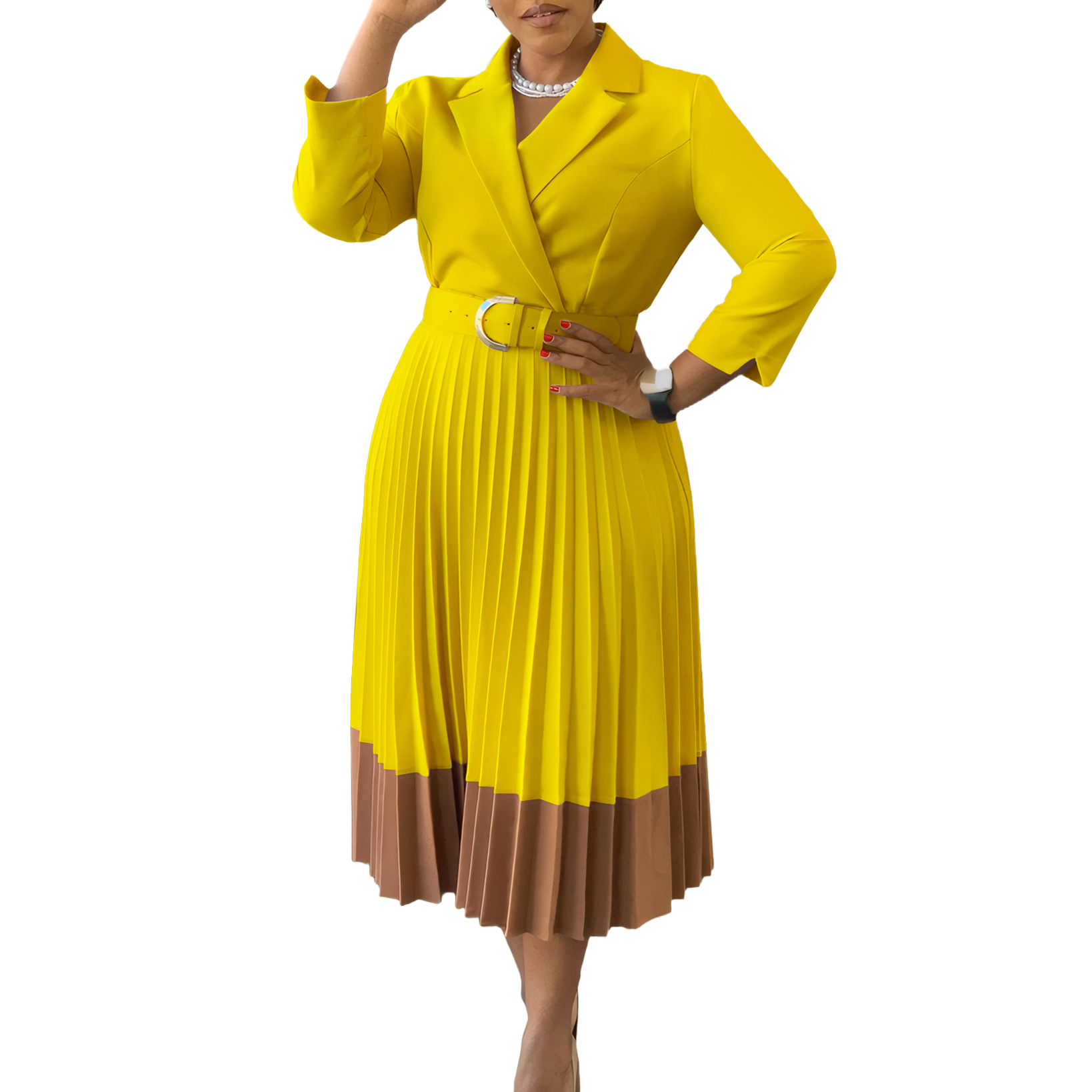 Abbigliamento da donna Autunno e inverno Moda Completo colletto elegante abito plissettato_voghion.com