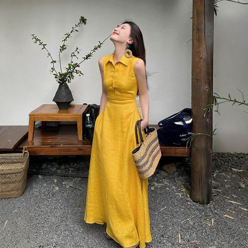 Plus-Size French-Style Yellow Sleeveless Dress for Women, Summer High-End Resort Style Elegant Long Dress