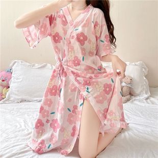 Japanese-Style Kimono Tie Nightgown Robe V-Neck Pajamas Women's Spring Loungewear Summer Nightdress Summer Bathrobe Short-Sleeve
