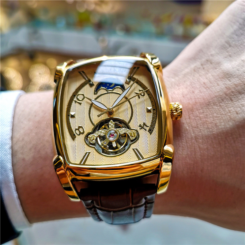 Ogulas reloj cuadrado de los hombres gran dial hueco transparente reloj mecánico automático de gama alta de cuero casual reloj de los hombres