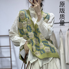 秋冬新款V领印花撞色宽松休闲显瘦百搭套头减龄毛衣马甲女