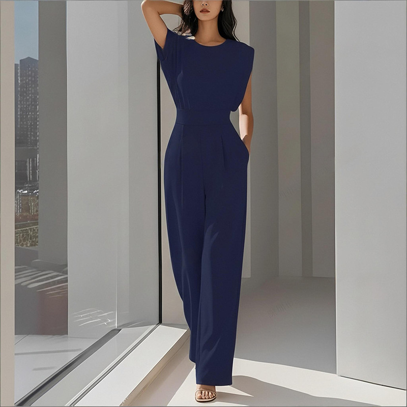 2026 Spring New Women's Clothing, Fashion Casual Commuter Solid Color Crew Neck Pleated Jumpsuit_ecoleips.com