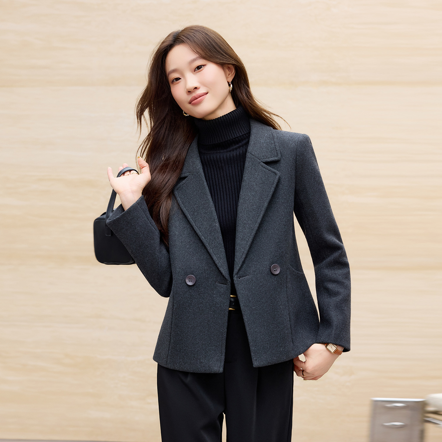 灰色短款毛呢西装外套女秋冬2025新款小个子气质休闲百搭西服上衣