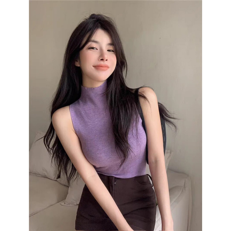 Hot Girl Style High Collar Knitted Woolen Camisole Women's Purple Sleeveless I-Shaped Elastic Slim Bottoming Inner Top