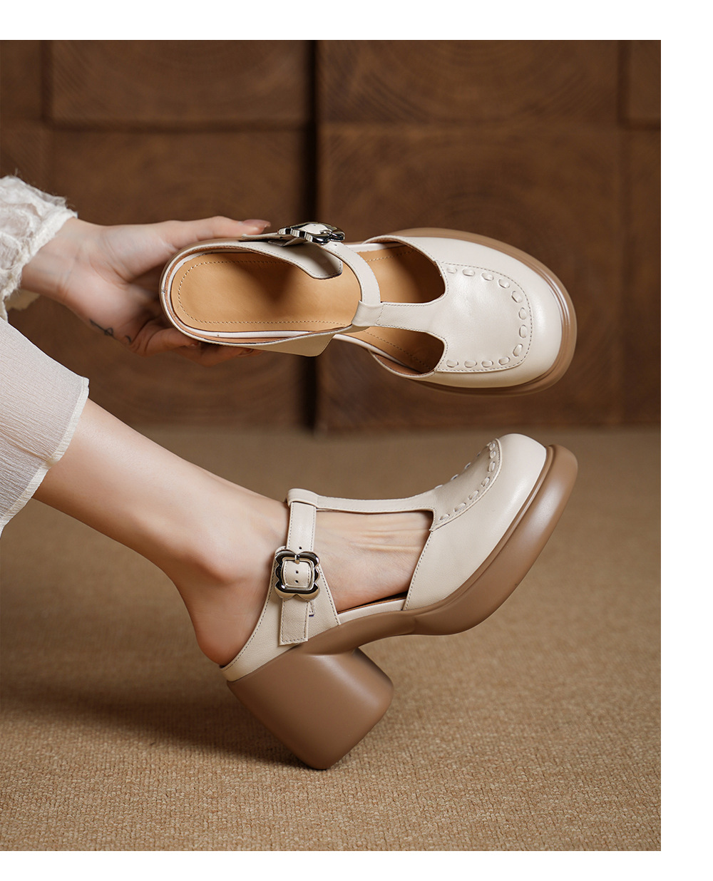 Sandal Mary Jane nữ mũi nhọn gót cao 8 cm quai ngang khóa dây — màu trắng ngà chi tiết 4