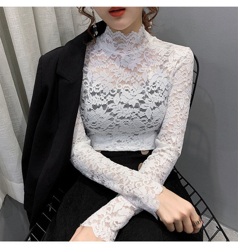 Haut col montant en dentelle transparente – Chemisier élégant à découpes florales et manches pétales (M-XXL, blanc/noir/nude, polyvalent du bureau au dîner)_voghion.com