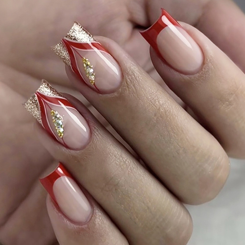 Wearable Nails with Square Red Lines, French-Style Edges, Glitter, Gold Steel Beads, and Diamond Design, Detachable Fake Nails