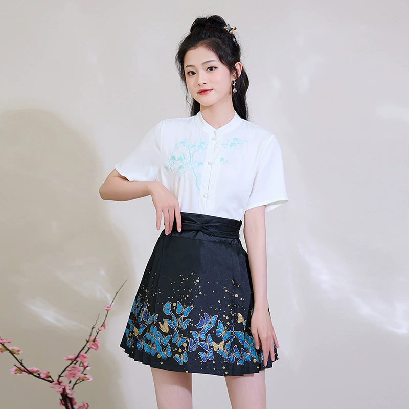 Настоящая фотография готовой парчовой юбки Hanfu mamian, новый китайский стиль, национальный стиль, вышитая юбка mamian, летняя короткая юбка