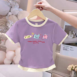 儿童韩版女童圆领洋气短袖多巴胺夏季新款修身学生上衣收腰外穿