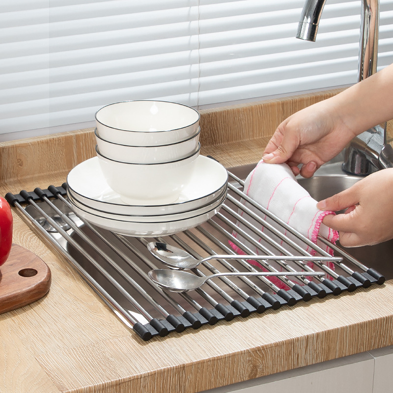 Rack de drenaje de acero inoxidable Rack de filtro de agua lavavajillas plegable Rack de platos Rack de drenaje retráctil práctico para lavar verduras