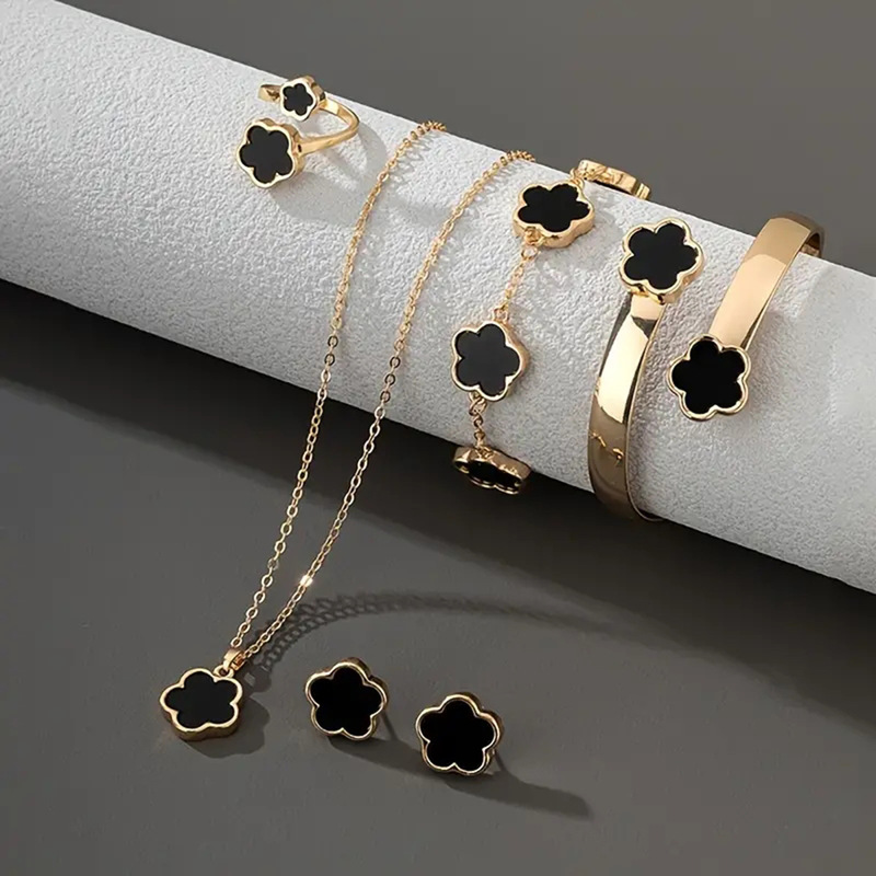 temu Hot Sale Bright Lucky Flower Jewelry suit Acrylic Bracelet Bracelet Five Leaf Clover Necklace Ring Earrings for Women