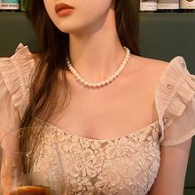 s925纯银元宝扣正圆强光施家珍珠项链轻奢高级感网红同款锁骨链