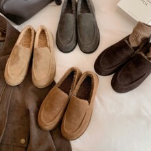 牛皮版~极简平底一脚蹬懒人加绒乐福鞋毛毛鞋休闲百搭舒适轻便