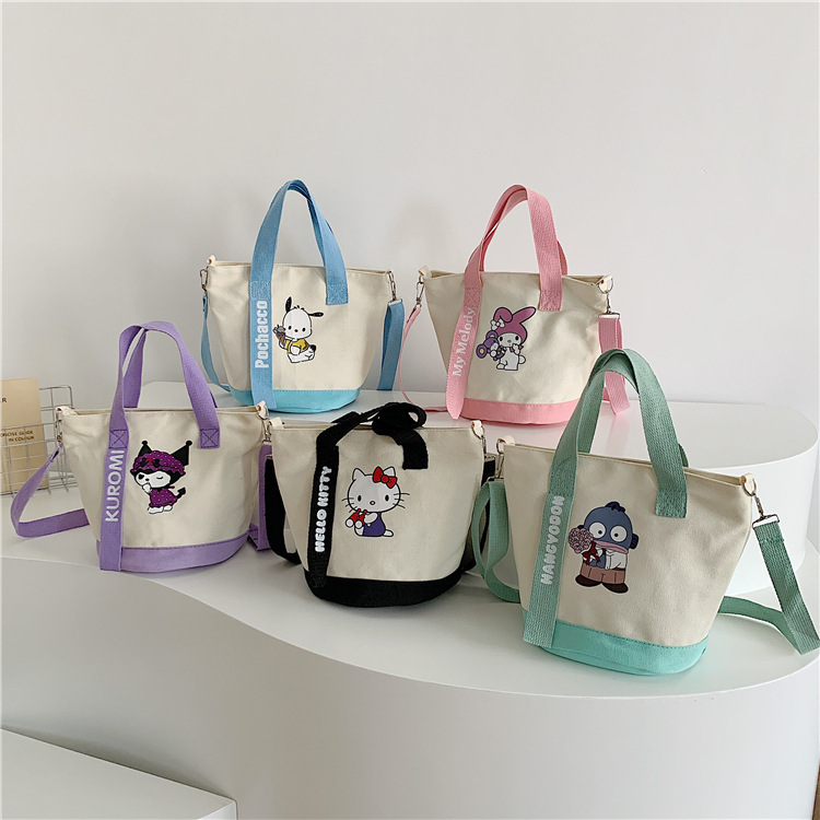 Women's Canvas Bucket Bag with Printed Shoulder Strap, Versatile Casual Crossbody Bag, Large Capacity Bag, Cross-Border Street Fashion