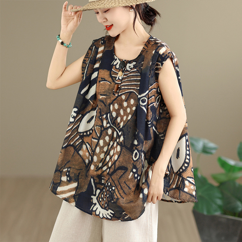2026 Summer New Designer Abstract Print Flutter Sleeve Top Loose Slimming Linen Blouse