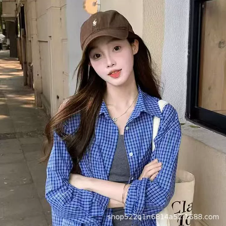 Солнцезащитная рубашка женская летняя корейская синяя клетка нишевая свободная тонкая рубашка кардиган