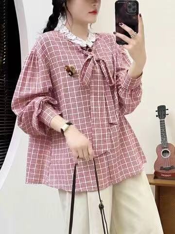 Lace Tie Collar Plaid Long-Sleeved Shirt Spring Fresh and Versatile Loose Casual Cardigan Top for Women