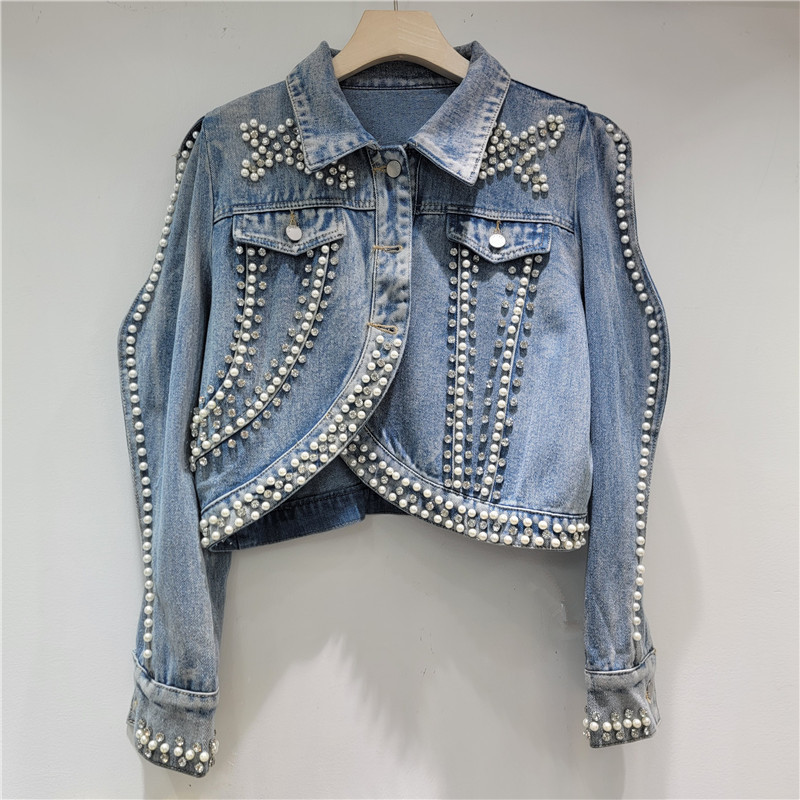 2025 New Design Heavy-Duty Jacket Denim Jacket Slimming Wavy Edge Puff Sleeve Denim Jacket