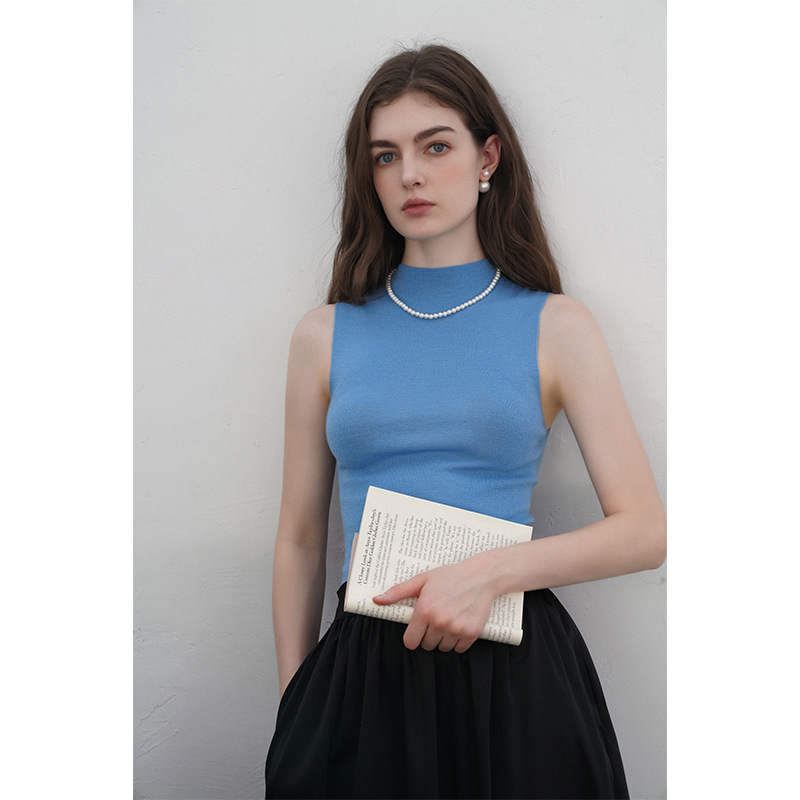 Hanyuan Apparel/French-Style Half-High Collar Wool Knitwear Seamless One-Piece Blue Vest High-End Top for Women