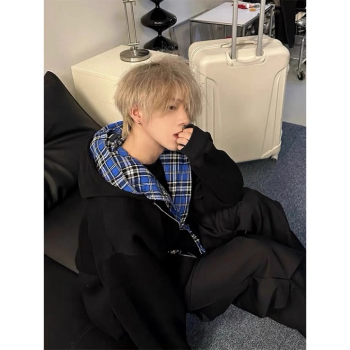 Men's Checkered Zip-Up Hoodie – Heavyweight Faux Layered Pullover With Drop Shoulder & Side Pockets (Cotton Blend, Grey/Black, M-3XL)_voghion.com