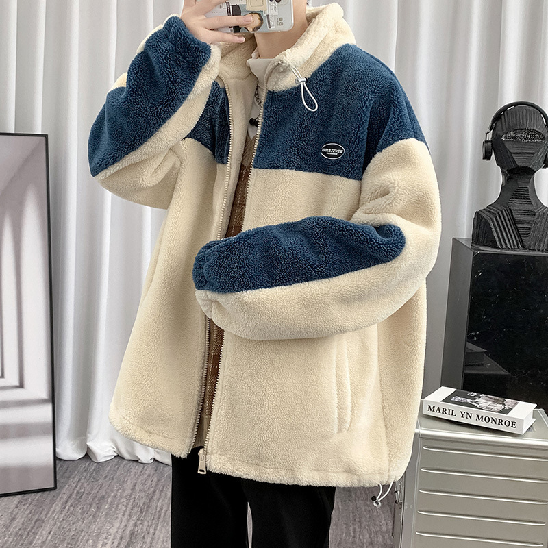 羊羔毛外套撞色拼接男士青少年宽松加绒摇粒绒棉服上衣服休闲夹克|undefined