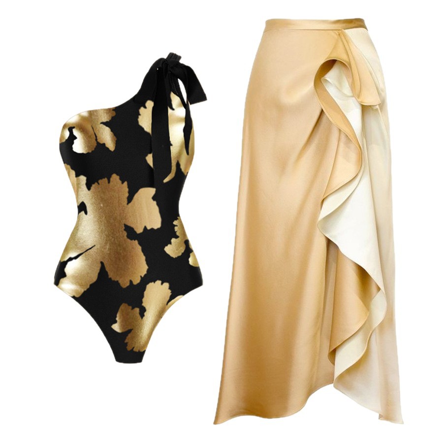 Women's Gold Foil Fabric Swimsuit Deep V Neck Ruffle Print One Piece Summer Swimwear Sexy Vacation Style Regular Fit_voghion.com