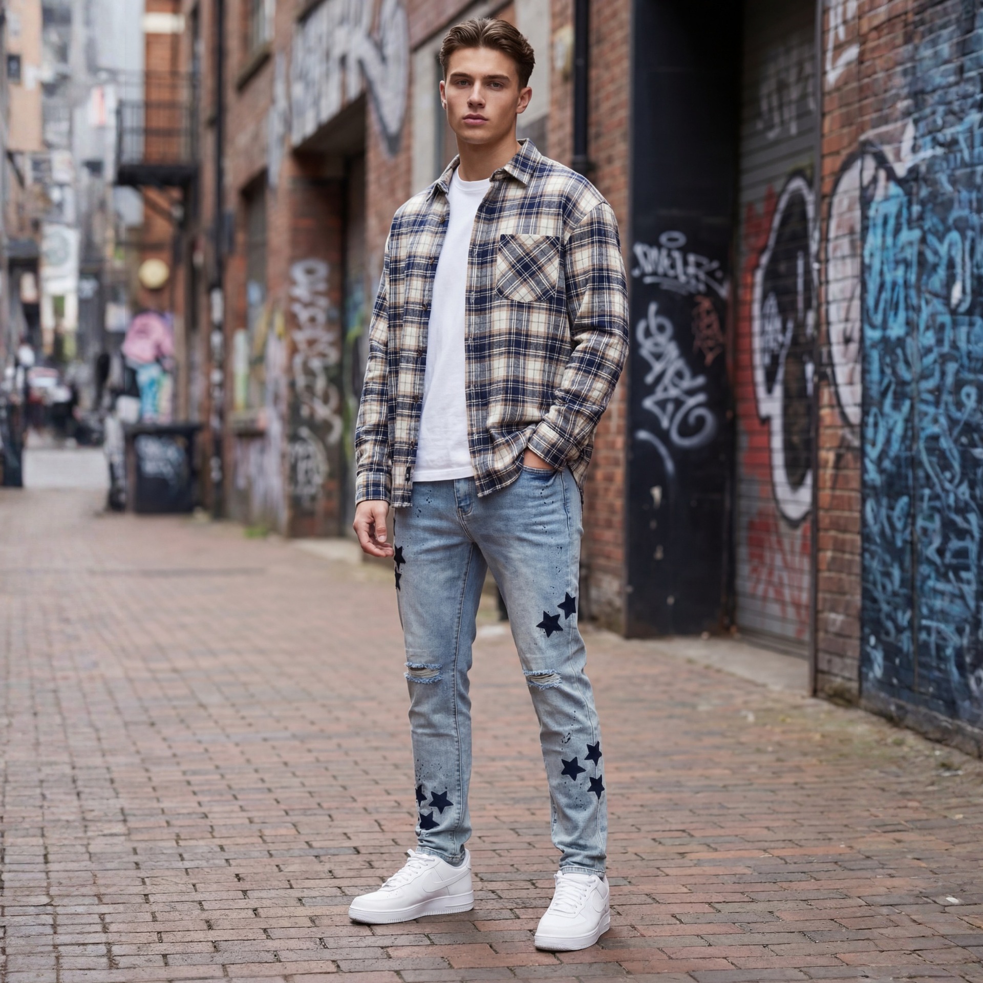 Men's Slim Fit Straight Leg Jeans Star Appliqué Embroidery Splatter Paint Ripped High Street Style Heavy Duty Trendy Brand_mkmklike.com