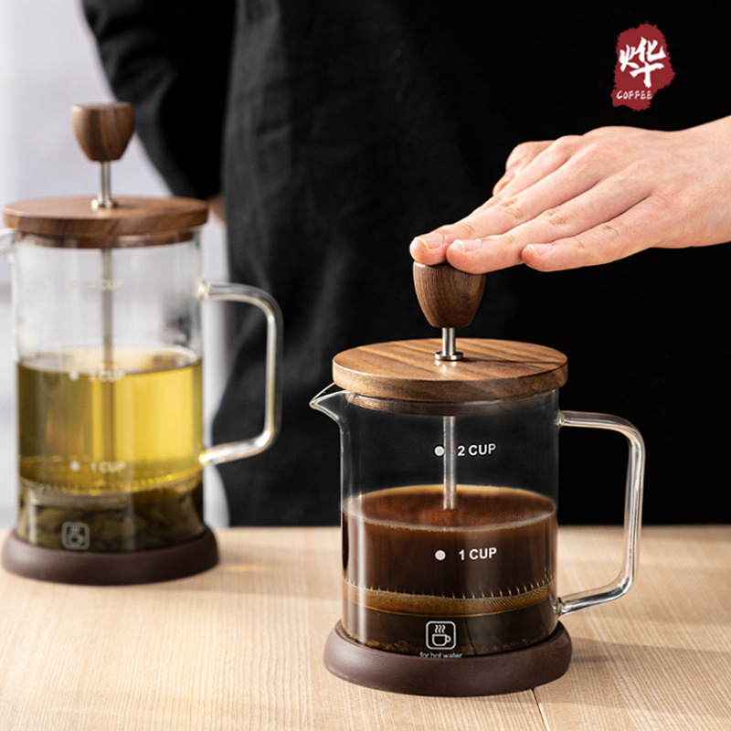 Factory direct selling method pressure coffee pot walnut lid high borosilicate glass pot hand punching filter boiling teapot suit
