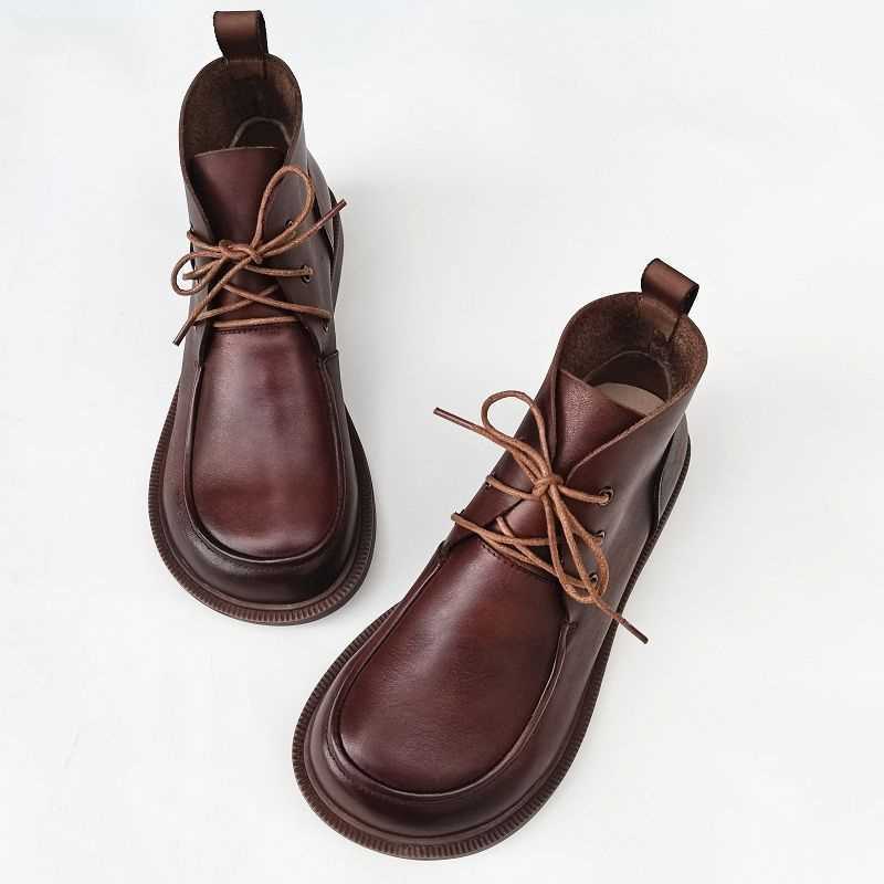 Autumn Genuine Leather Wide-Toe Short Boots Retro British Style Small Leather Boots Foreign Trade Original Single Cowhide Pure Leather High-Top Women's Shoes