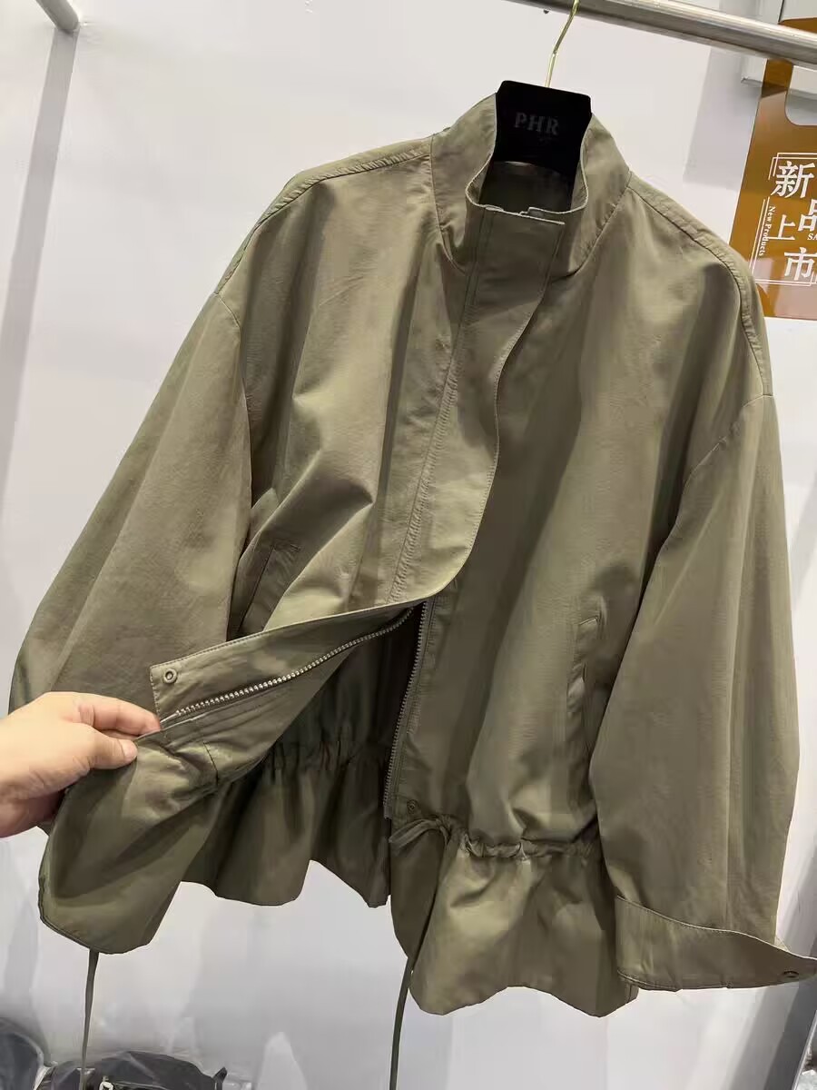 ng2510292 European Style 2026 Spring New Stand Collar Zipper Drawstring Fashionable Loose Casual Mid-Length Trench Coat Women's_ecoleips.com