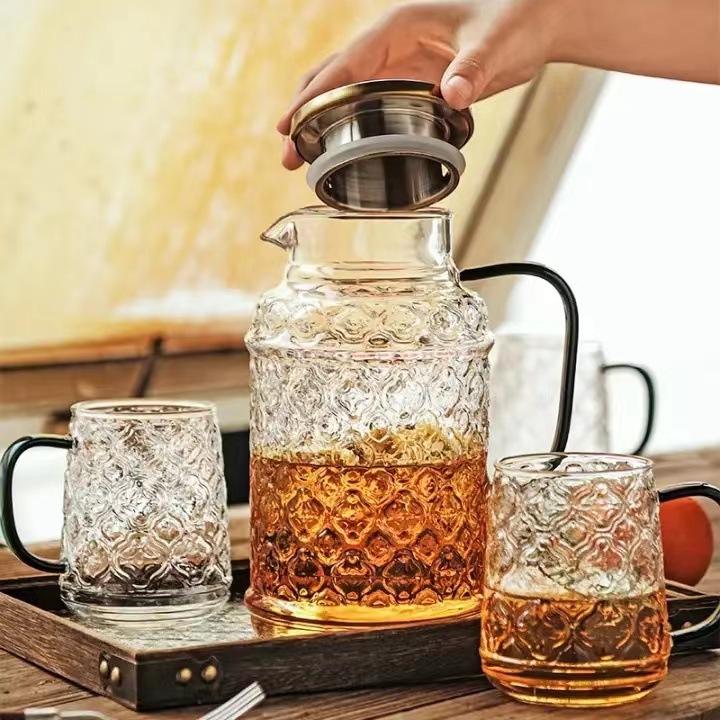 Elegant Halls of Heavan Blossom Cool Water Pitcher High-End Design Large Capacity Household Set High-Temperature Resistance Glass Refrigerator Juice Cool Water Pitcher