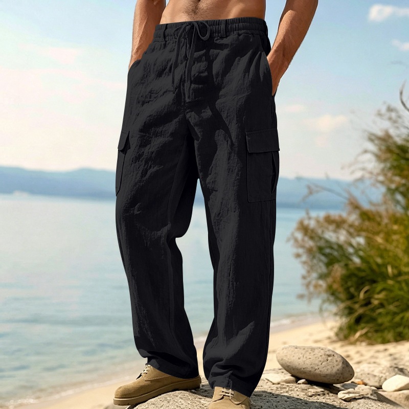 KOOSSOASIS Men's Summer Linen Overalls Loose Breathable Casual Pants Cotton And Linen Beach Pants_viptrois.com