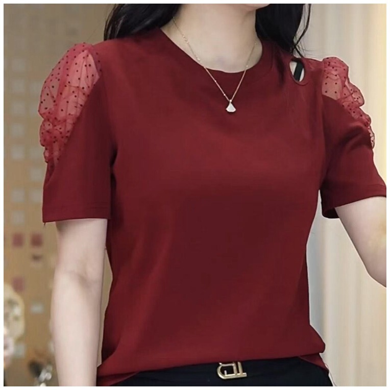 Lace Stitching Puff Sleeve Shirt Women's 2025 Summer New Artistic Retro Embroidered Design Sense Short Sleeve Top