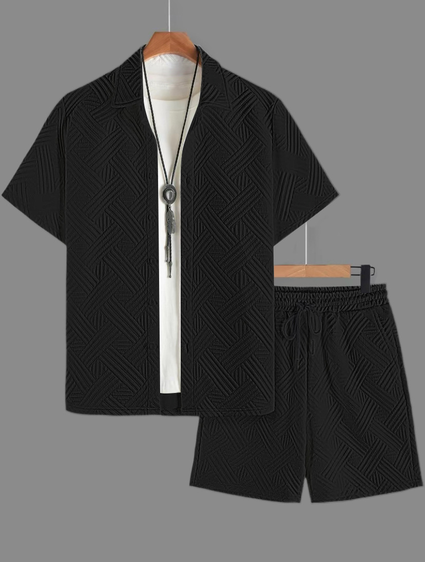 Men's Solid Colour Jacquard Shirt And Shorts Casual Summer Set_voghion.com