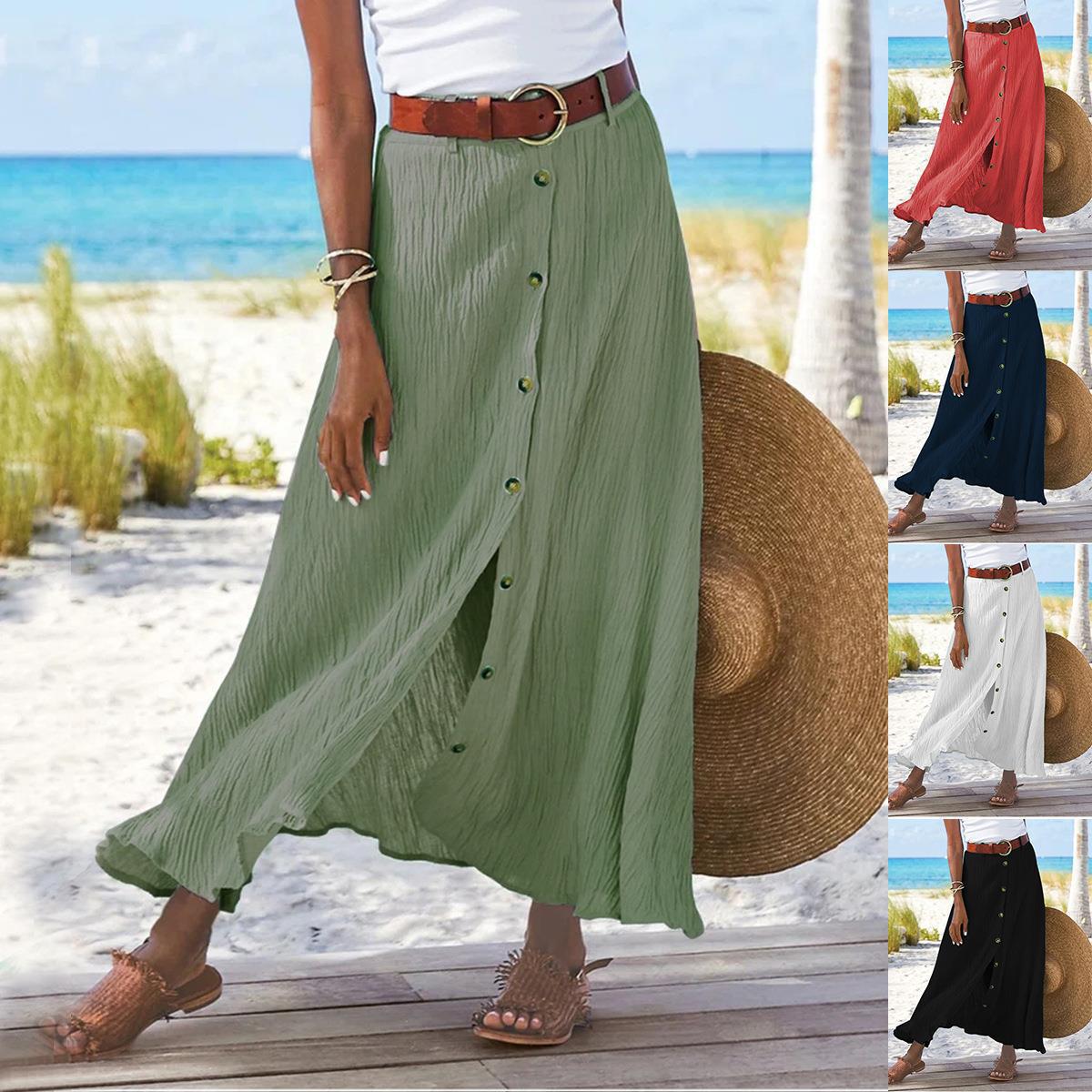 2025 Summer New Style European and American Cotton and Linen Skirt Amazon Cross-Border Foreign Trade Slit A-Line Hip-Hugging Mid-Waist Long Skirt