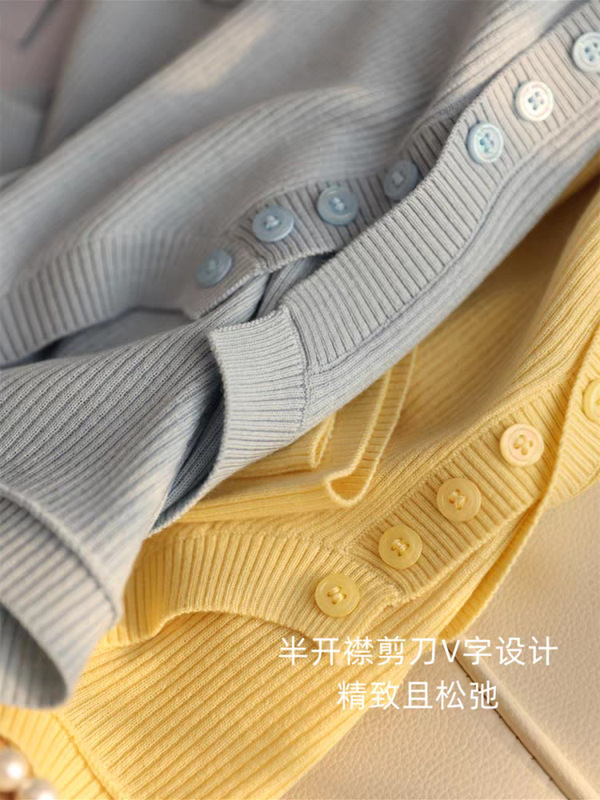 フレンチミルク黄色半ボタンvネック半袖tシャツ女性2025春夏修身洋気百合坑条ニット上着|undefined