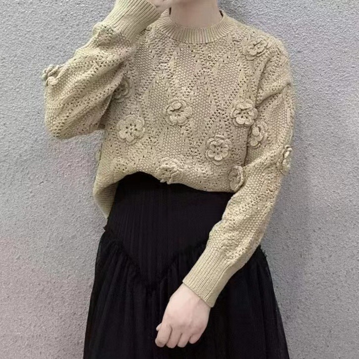 Autumn and Winter Stereo Small Flower Warm Knitwear Korean Style Gentle Style Cut Out Quilted Hand Hook Pattern Knitwear Top Women's Loose