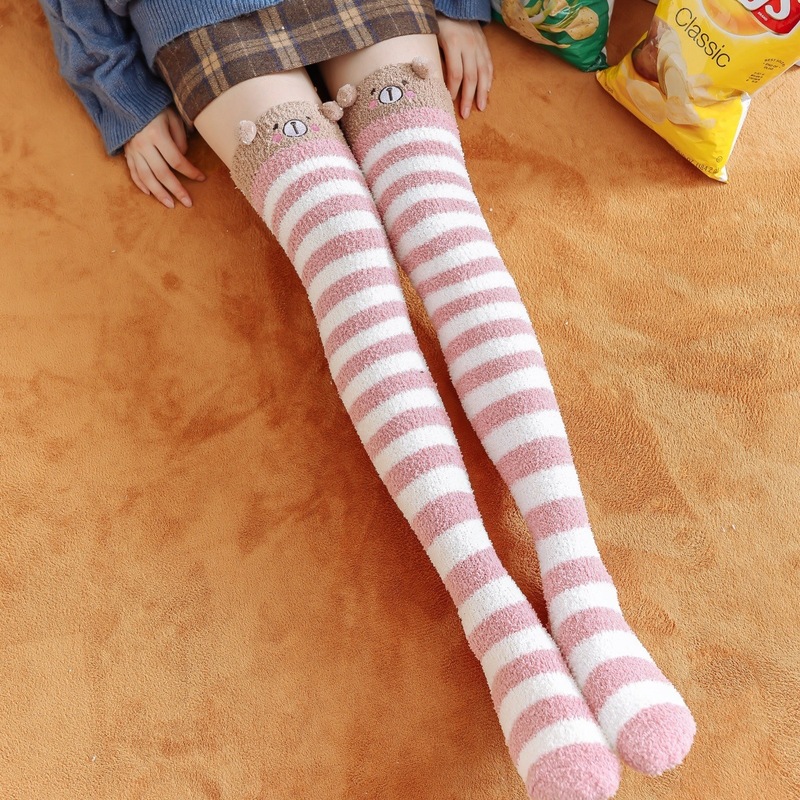秋冬款加厚珊瑚绒过膝袜女长筒大腿睡眠袜护膝保暖加绒冬季地板袜|undefined