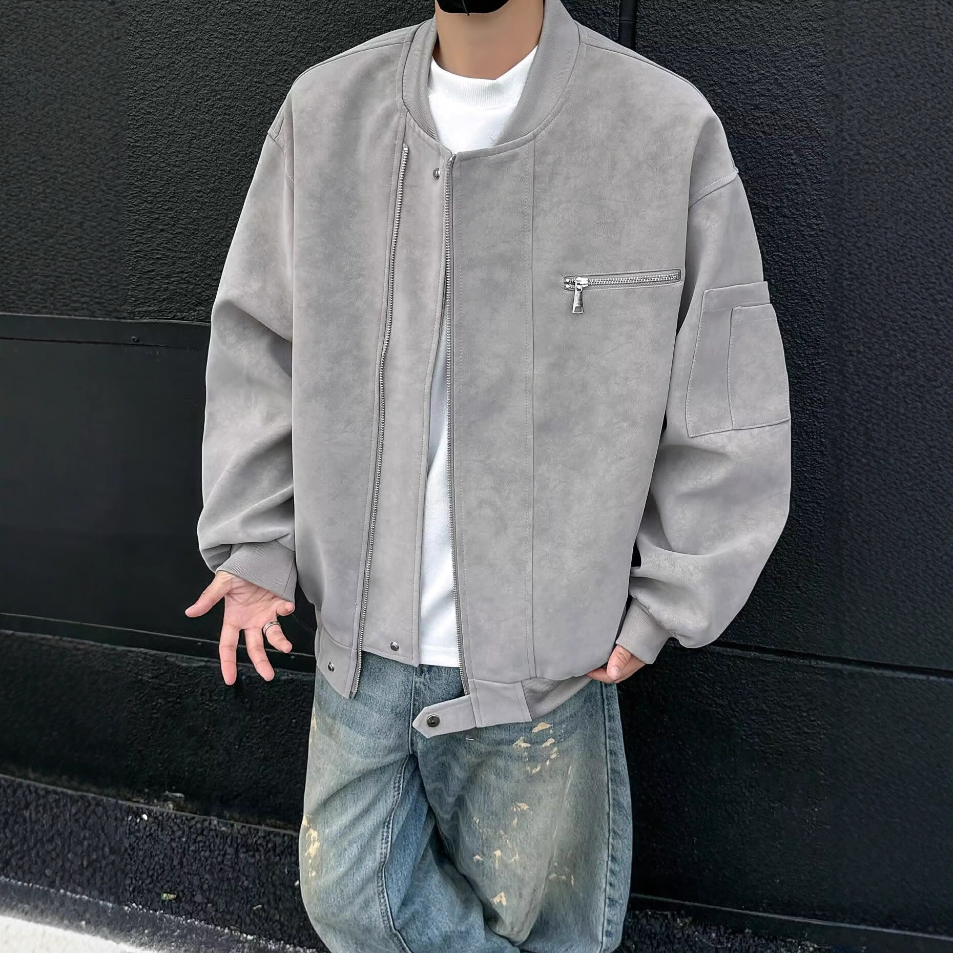 美式vintage棒球服男秋高街痞帅扎染皮夹克设计感短款工装外套潮